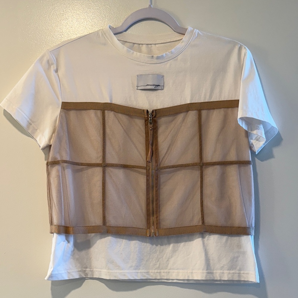 Women's White and Tan Mesh Overlay Tee